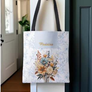 Elegant Blue Floral Name Tote Bag