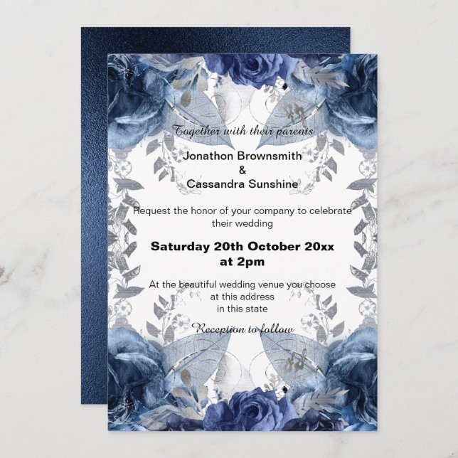 ELEGANT BLUE FLORAL NAVY  WEDDING INVITATION (Front/Back)