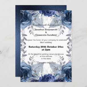 ELEGANT BLUE FLORAL NAVY  WEDDING INVITATION