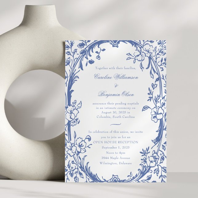 Elegant Blue Floral Open House Wedding Reception  Invitation (Creator Uploaded)