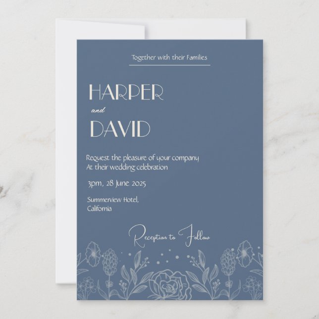 Elegant Blue Floral Outline Wedding Invitation  (Front)
