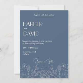 Elegant Blue Floral Outline Wedding Invitation