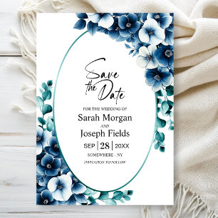 Elegant Blue Floral Oval Save the Date Invitation