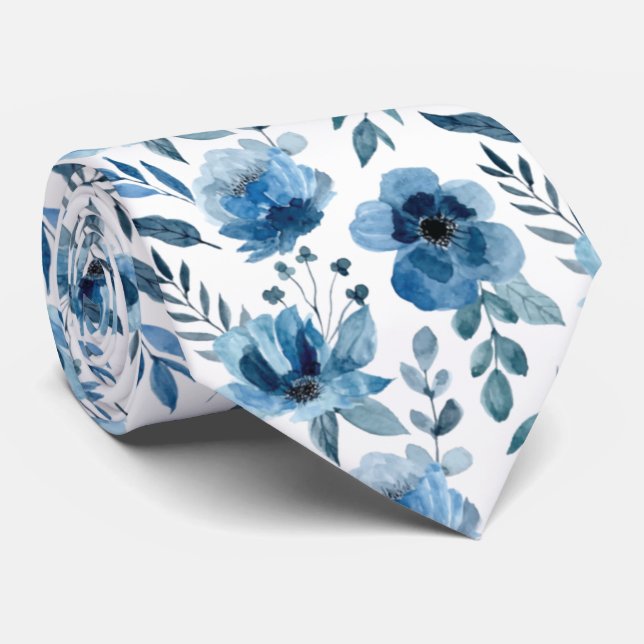 Elegant Blue Floral Pattern For Weddings Tie (Rolled)