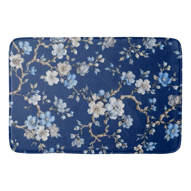 Elegant Blue Floral Pattern Throw Blanket Bath Mat (Front)