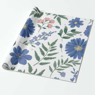 Elegant Blue Floral Pattern with Fresh Greenery Wrapping Paper