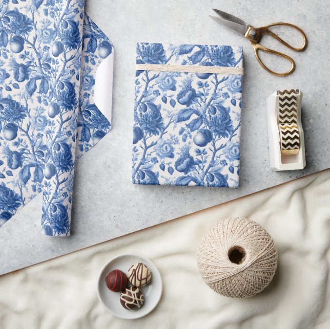 Elegant Blue Floral Pattern Wrapping Paper (Crafts)