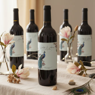 Elegant Blue Floral Peacock Wedding Wine Labels