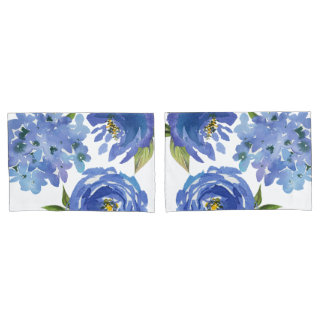 Elegant Blue Floral Peonies and Hydrangea Flowers Pillowcase