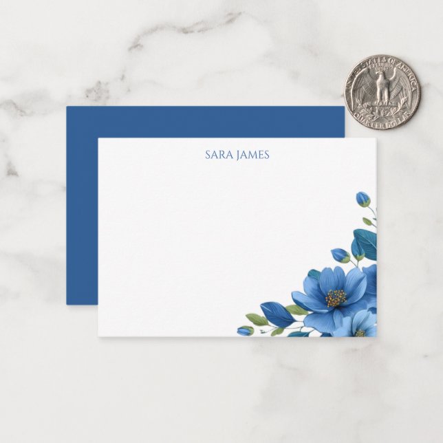 Elegant Blue Floral Personal Stationery Note Card (Front/Back In Situ)