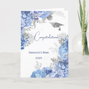 Elegant Blue Floral Personalised Graduation Card