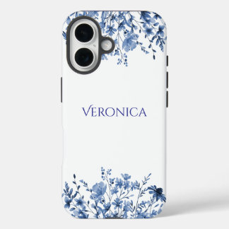 Elegant Blue Floral Personalized iPhone 16 Case