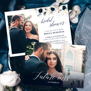 Elegant Blue Floral Photo Bridal Shower Invitation
