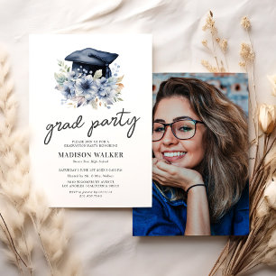 Elegant Blue Floral Photo Graduation Party Invitation