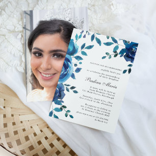 Elegant Blue Floral Photo Quinceañera Invitation