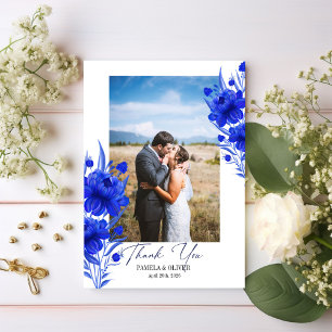 Elegant Blue Floral Photo Thank You Card