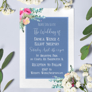 Elegant Blue Floral Pink Rosebud Elegant Wedding Invitation