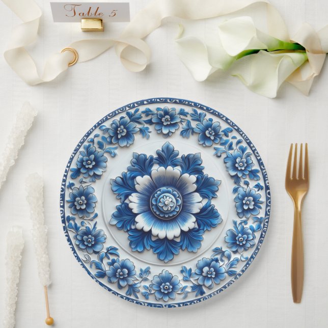 Elegant Blue Floral Pottery Inspired Paper Plate (Wedding)