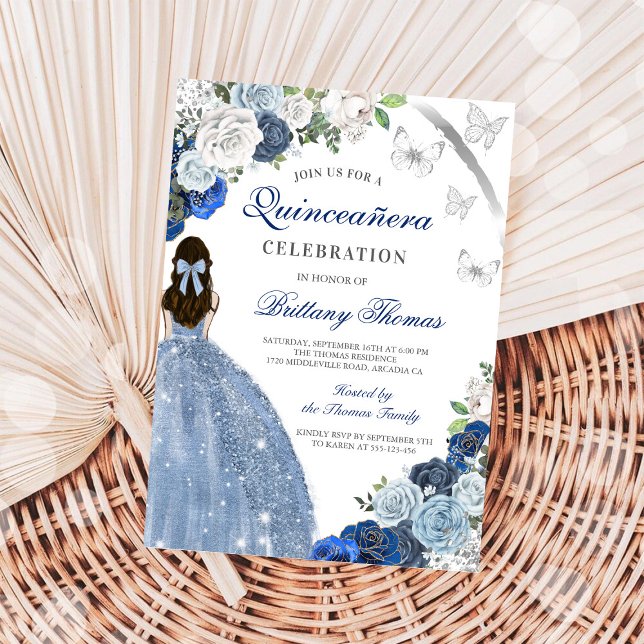 Elegant Blue Floral Quinceañera Invitation (Creator Uploaded)