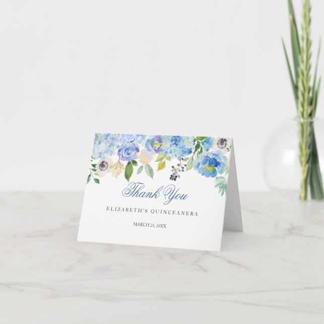 Elegant Blue Floral Quinceanera Thank You Card (Front)