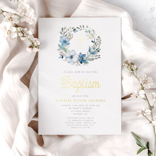 Elegant Blue Floral Religious Boy Baptism 