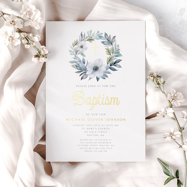 Elegant Blue Floral Religious Boy Baptism  (Elegant Blue Floral Religious Boy Baptism Foil Invitation)