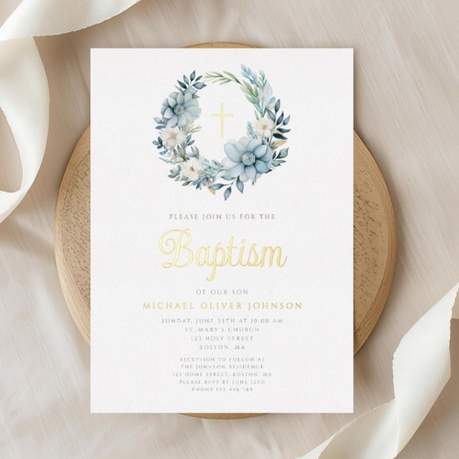 Elegant Blue Floral Religious Boy Baptism Gold (Elegant Blue Floral Religious Boy Baptism Gold Foil Invitation)