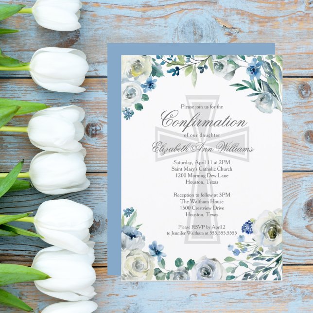 Elegant Blue Floral Religious Confirmation Invitation (Creator Uploaded)