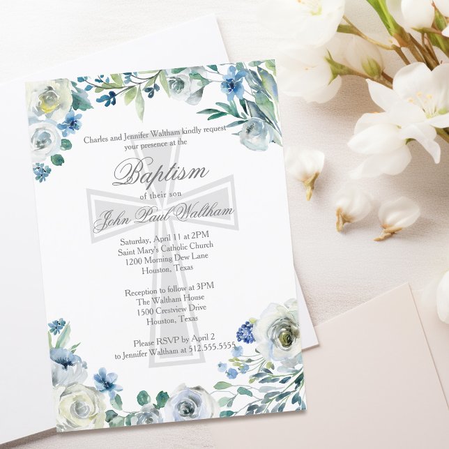 Elegant Blue Floral Religious Cross Baptism Invitation (Creator Uploaded)