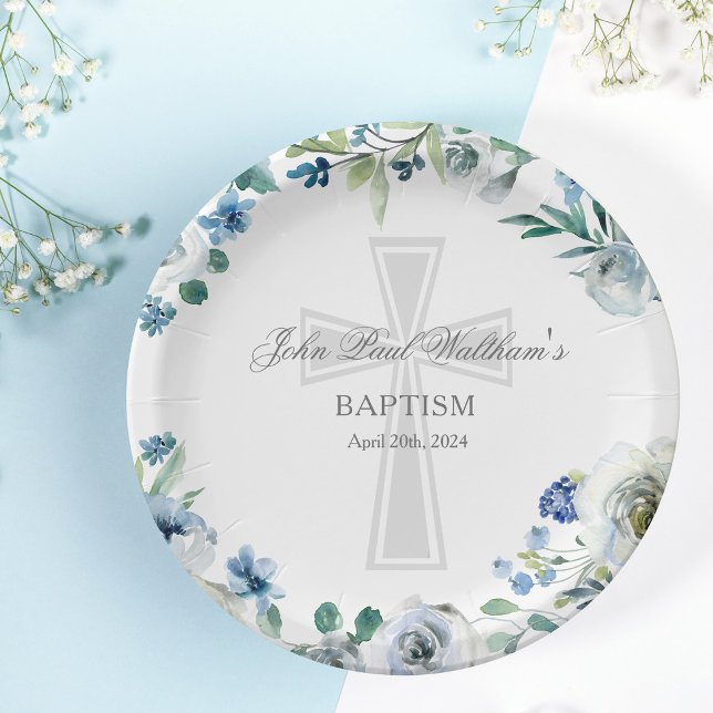 Elegant Blue Floral Religious Cross Baptism Paper Plate (Creator Uploaded)