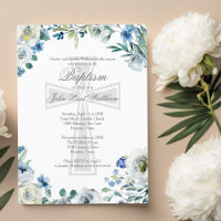 Elegant Blue Floral Religious Cross Baptism