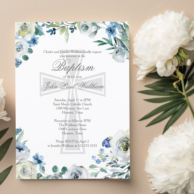 Elegant Blue Floral Religious Cross Baptism Postcard (Creator Uploaded)