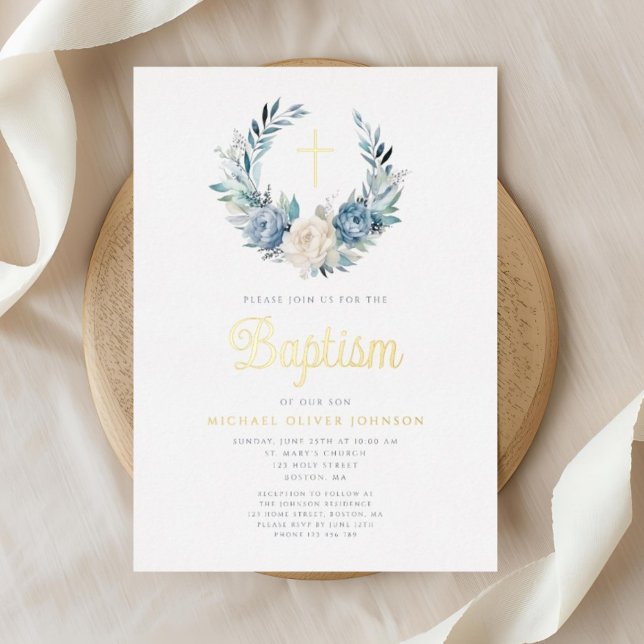 Elegant Blue Floral Religious Cross Boy Baptism (Elegant Blue Floral Religious Cross Boy Baptism Foil Invitation)