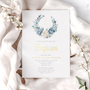 Elegant Blue Floral Religious Cross Boy Baptism