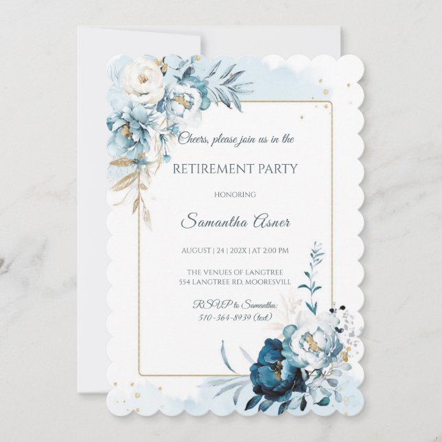 Elegant Blue Floral Retirement Party Invitation (Front)
