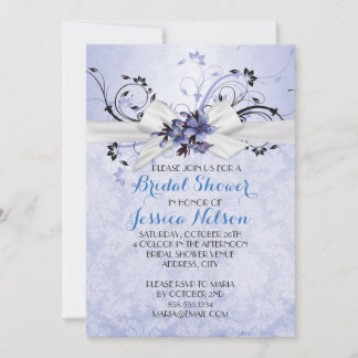 Elegant Blue Floral Ribbon Damask Bridal Shower Invitation