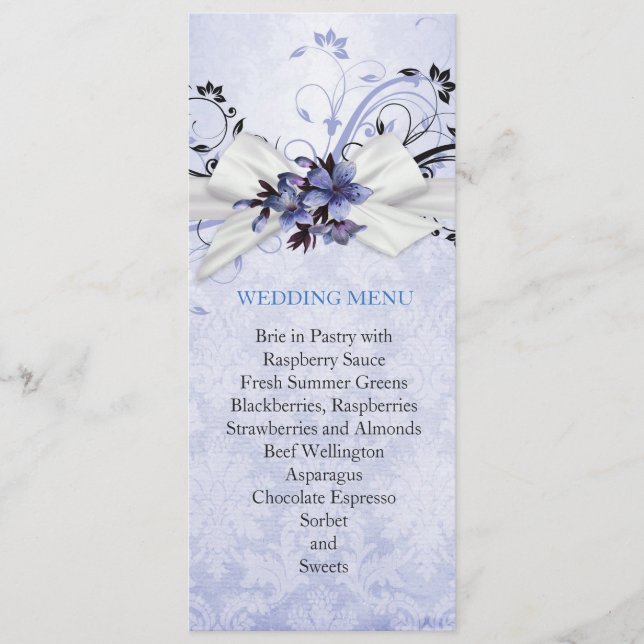 Elegant Blue Floral Ribbon Damask Wedding Menu (Front)
