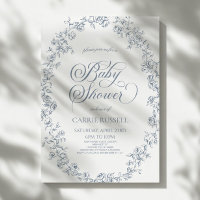 Elegant Blue Floral Roses Line Art Baby Shower