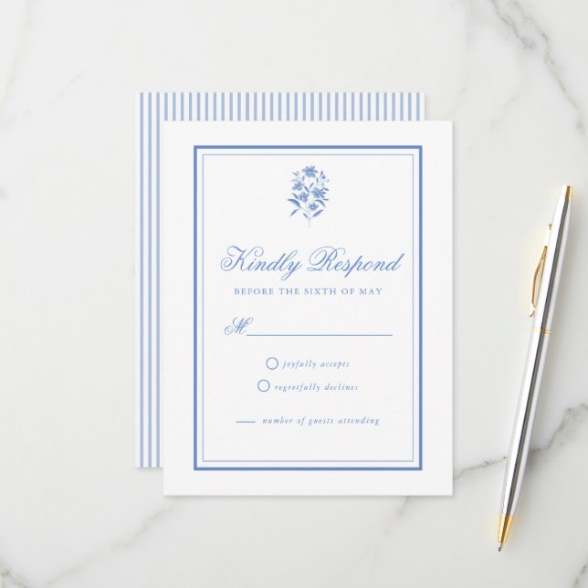 Elegant Blue Floral RSVP Card (Front/Back In Situ)