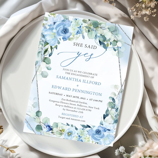 Elegant Blue Floral sage green silver She Said Yes Invitation (modern calligraphy script blue flowers sage she said yes invitation)