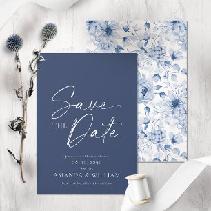 Elegant Blue Floral Save the Date Card