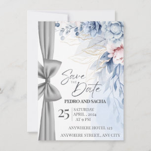 Elegant Blue Floral Save The Date Card with Silver