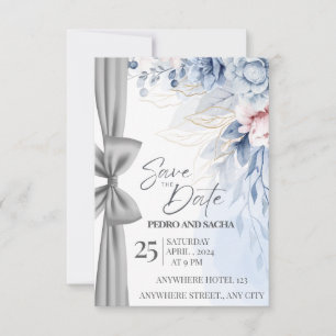 Elegant Blue Floral Save The Date Card with Silver