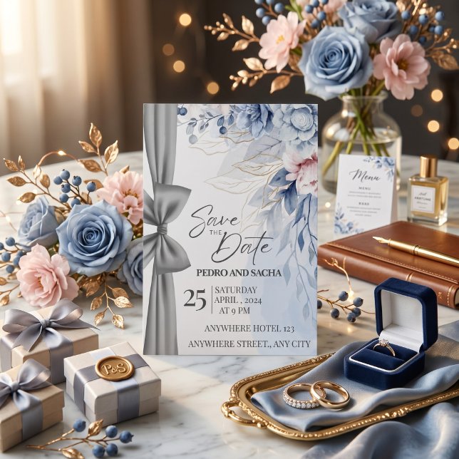 Elegant Blue Floral Save The Date Card with Silver (Creator Uploaded)