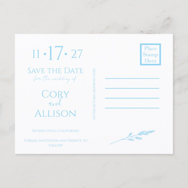Elegant Blue Floral Save the Date Postcard (Back)