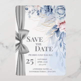 Elegant Blue Floral Save The Date Wedding Invitati
