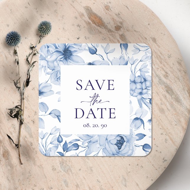 Elegant Blue Floral "Save the Date" Wedding Square Sticker (Creator Uploaded)
