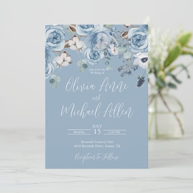 Elegant Blue Floral Script Wedding Invitation (Standing Front)