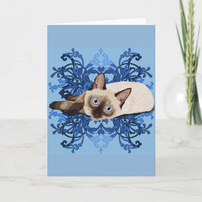 Elegant Blue Floral Siamese Cat Pretty Feline Card (Front)