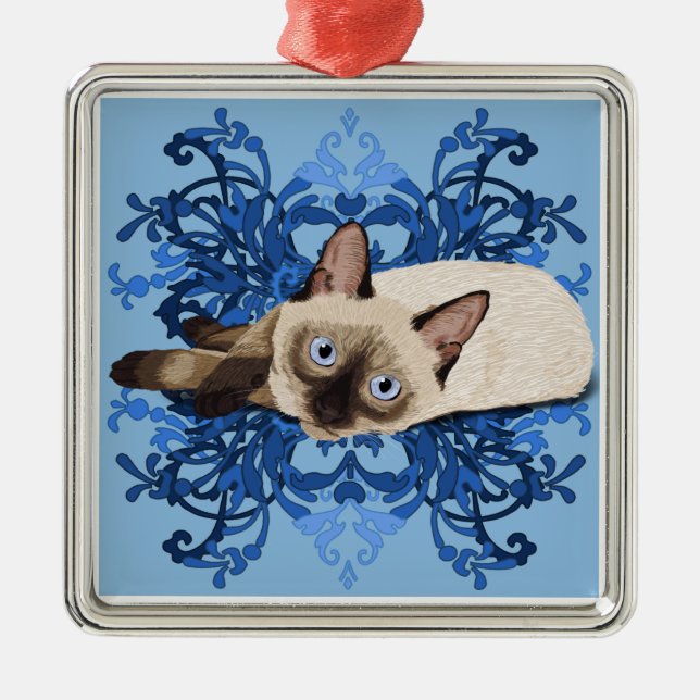 Elegant Blue Floral Siamese Cat Pretty Feline Metal Tree Decoration (Front)